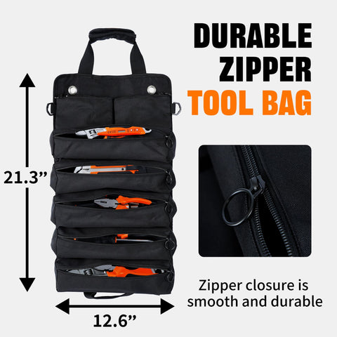AASTT tool bag unrolled with deep pockets for easy tool access.