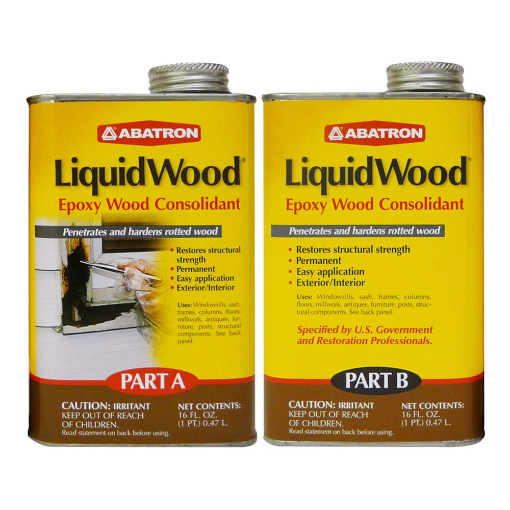 Abatron LiquidWood bottle pour shows clean, low-odor epoxy for durable wood repairs.