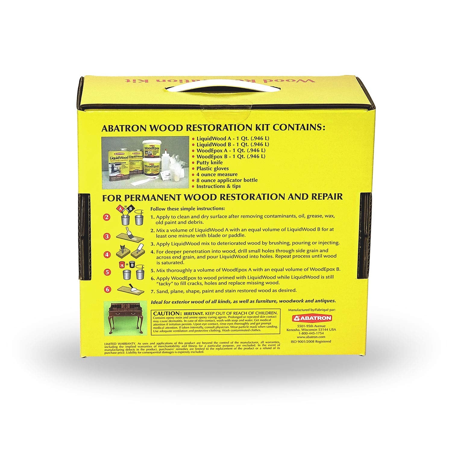 Abatron restoration kit contents displayed for simple, professional wood repair.