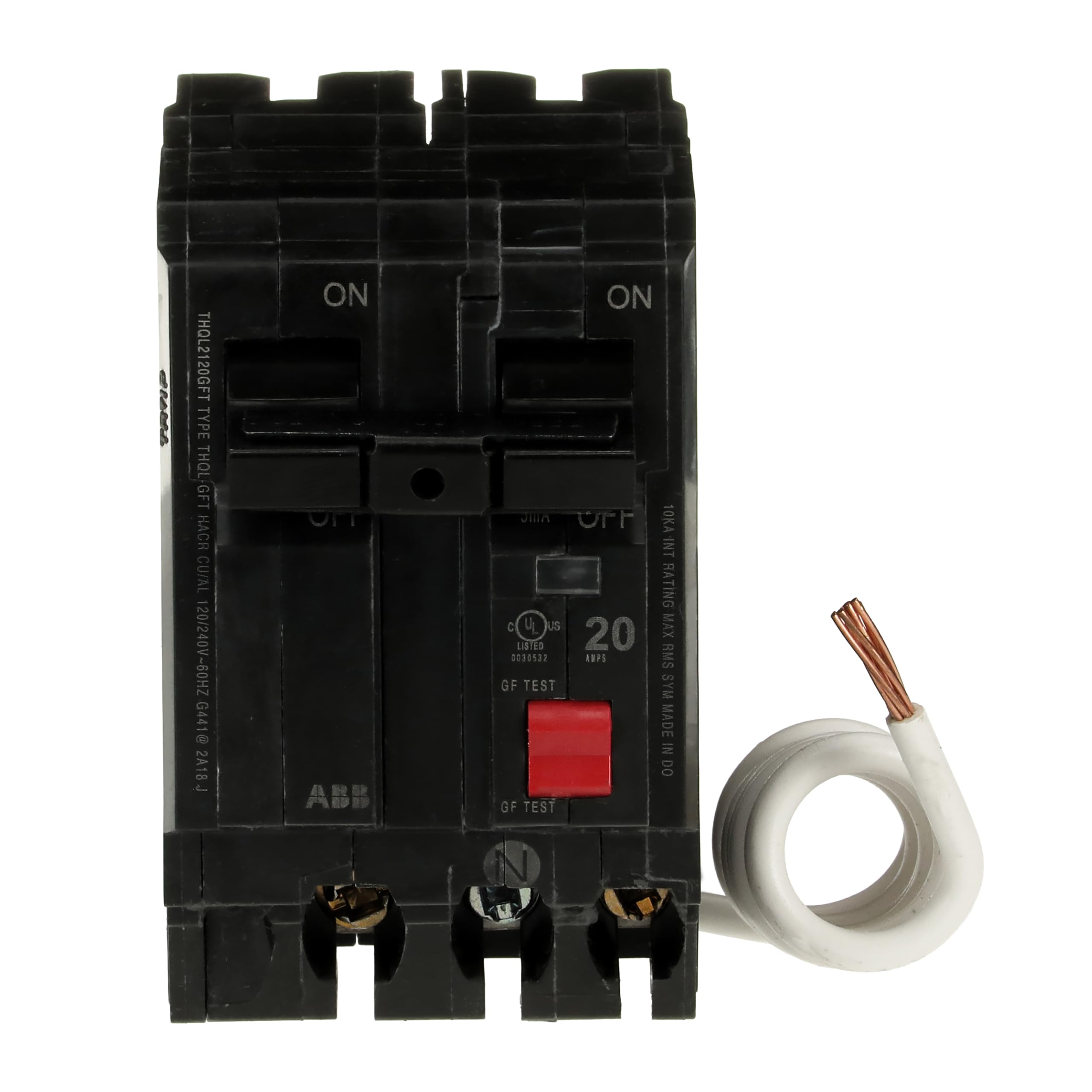 ABB Q-Line THQL2120GFT front view shows compact, reliable 2-pole GFCI design for safe bathroom installations.