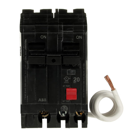 ABB Q-Line THQL2120GFT front view shows compact, reliable 2-pole GFCI design for safe bathroom installations.