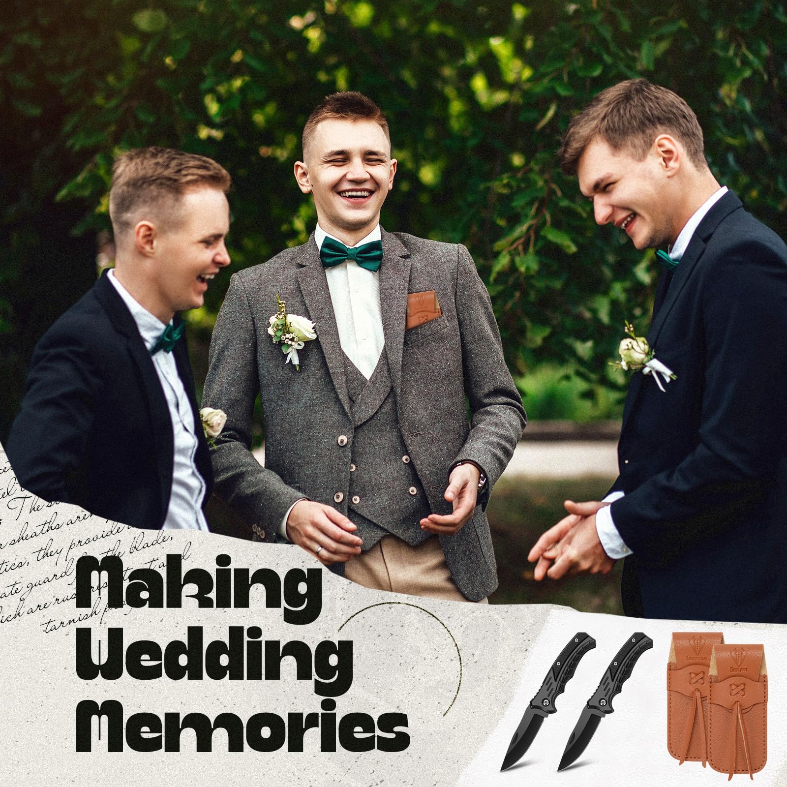 Abbylike leather sheath protects blades and keeps knives secure.