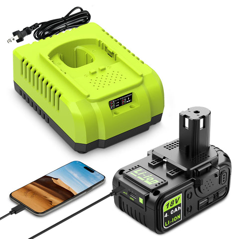 Abeden Ryobi 18V battery with USB charger setup powering tools on site.