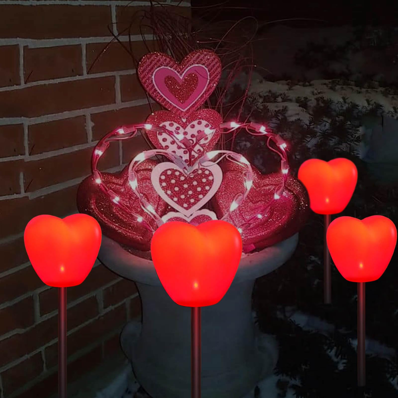 Abkshine heart stake lights on patio creating romantic ambiance