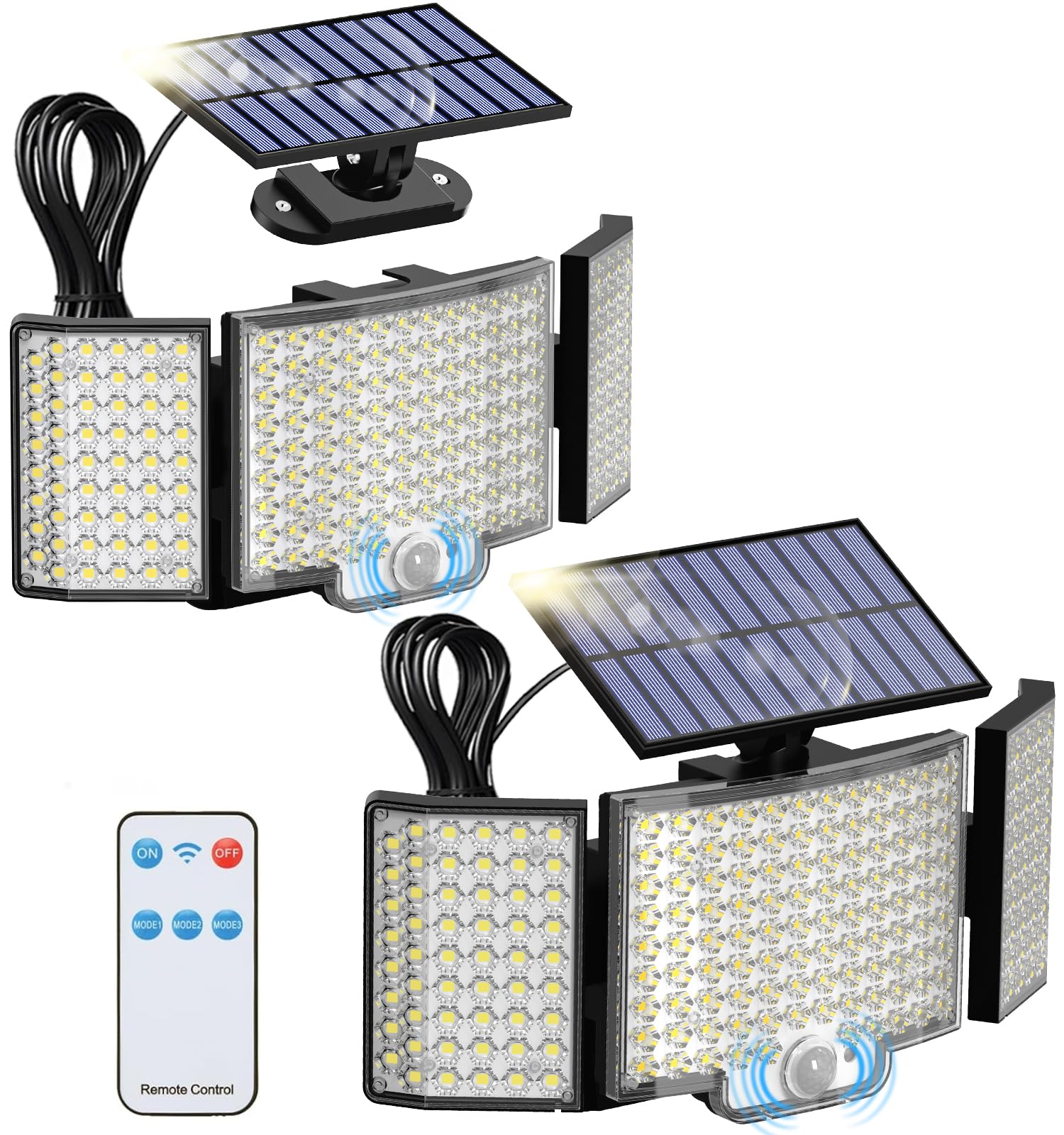ABODONG three-head solar flood light provides broad area coverage for yards and entrances.
