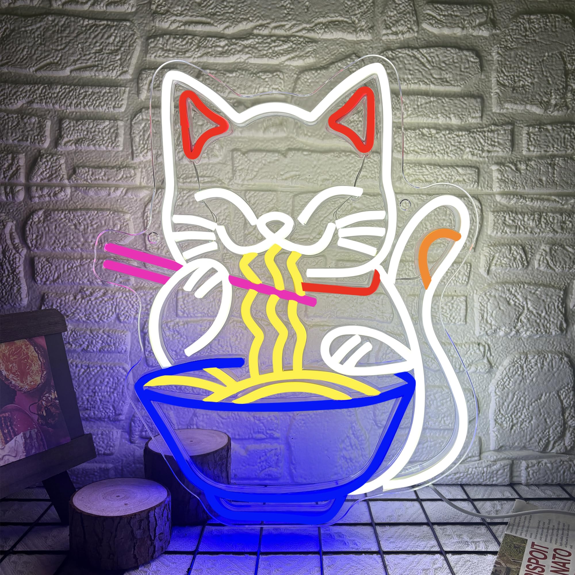 Abooly Fortune Cat Ramen neon sign with acrylic mount for bright wall decor