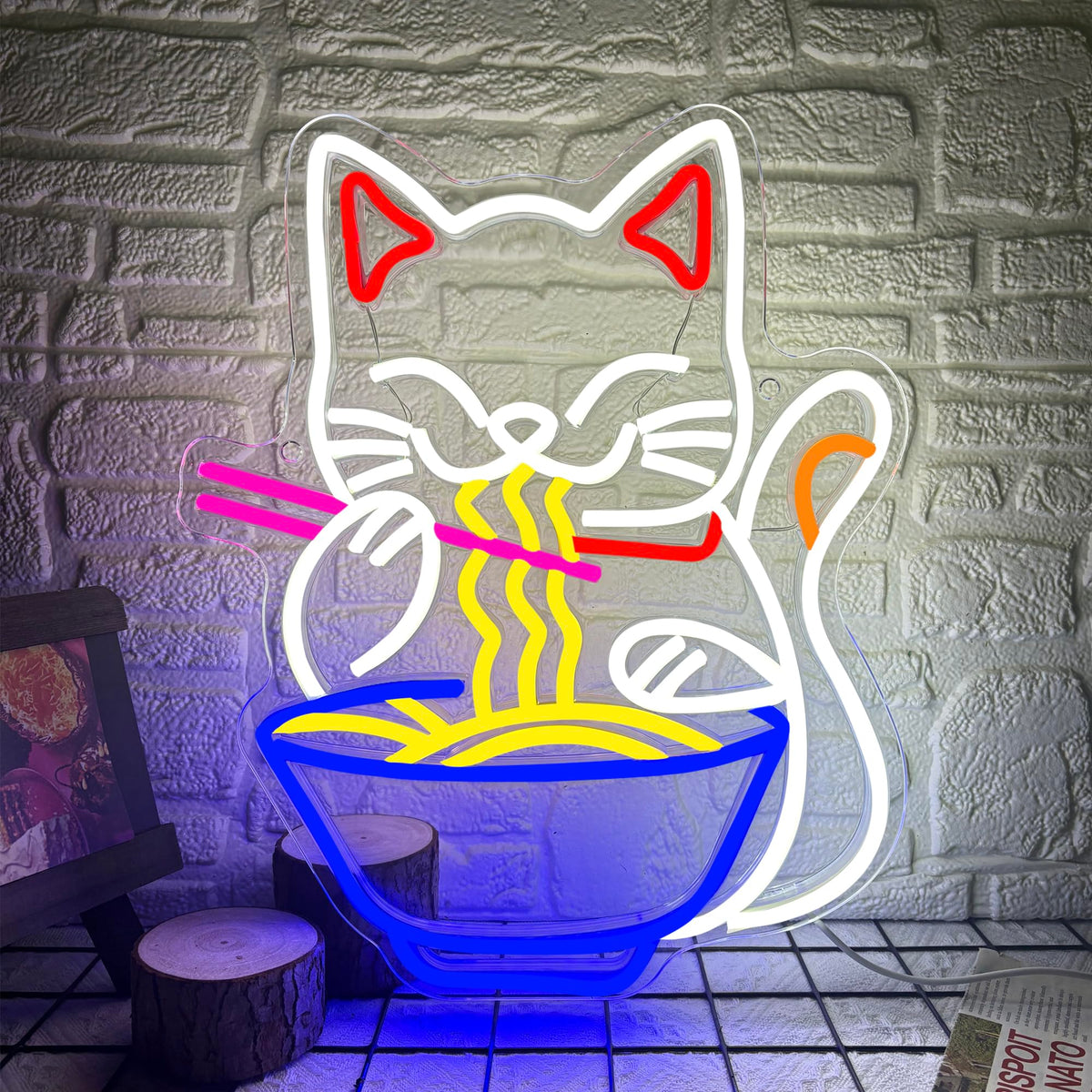 Abooly Fortune Cat Ramen neon sign with acrylic mount for bright wall decor