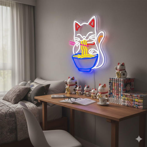Abooly Fortune Cat Ramen neon sign USB powered with long cable