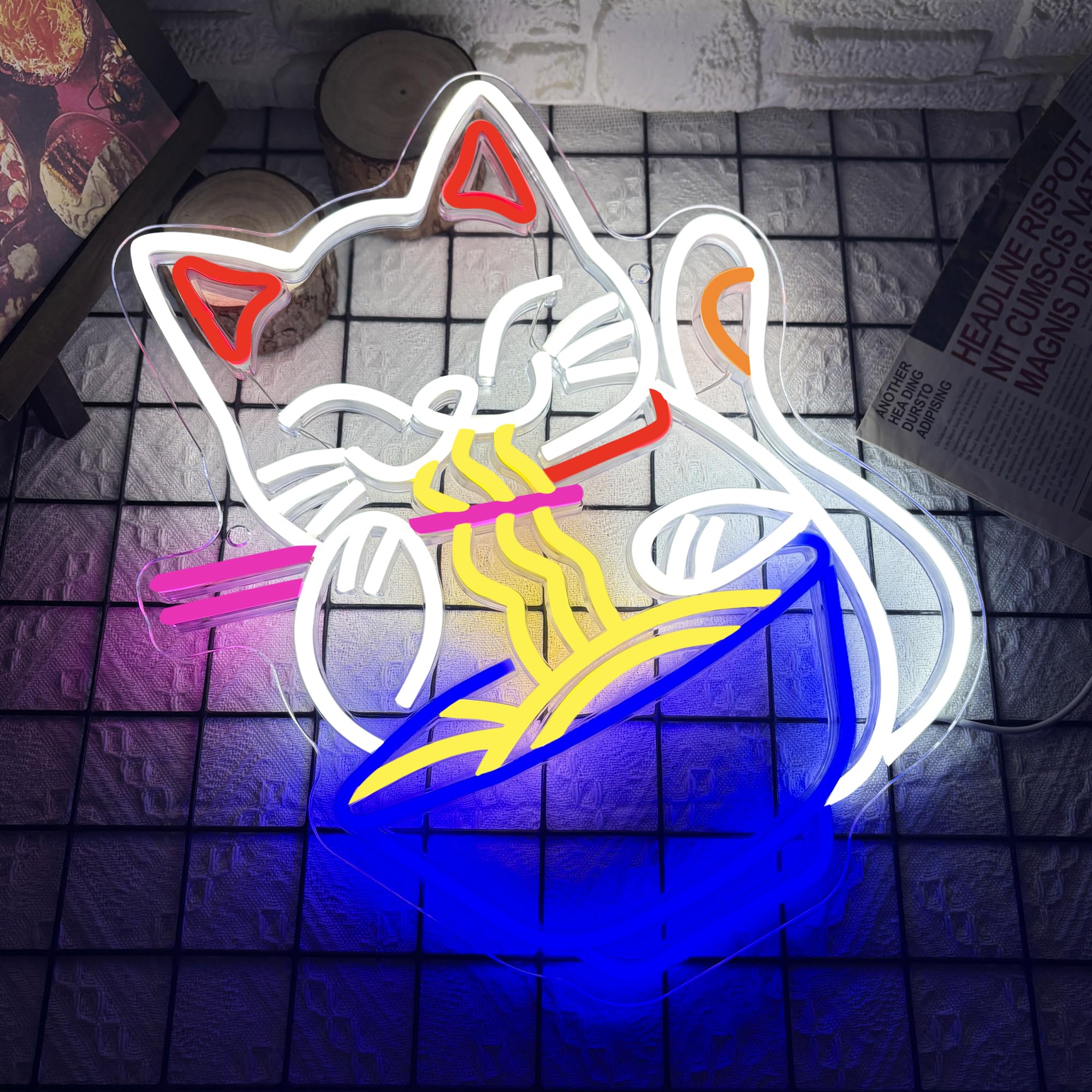 Abooly Fortune Cat Ramen neon sign mounted on clear acrylic for premium look