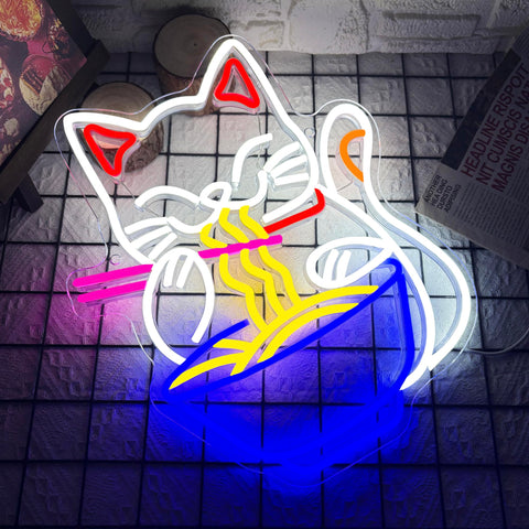 Abooly Fortune Cat Ramen neon sign mounted on clear acrylic for premium look