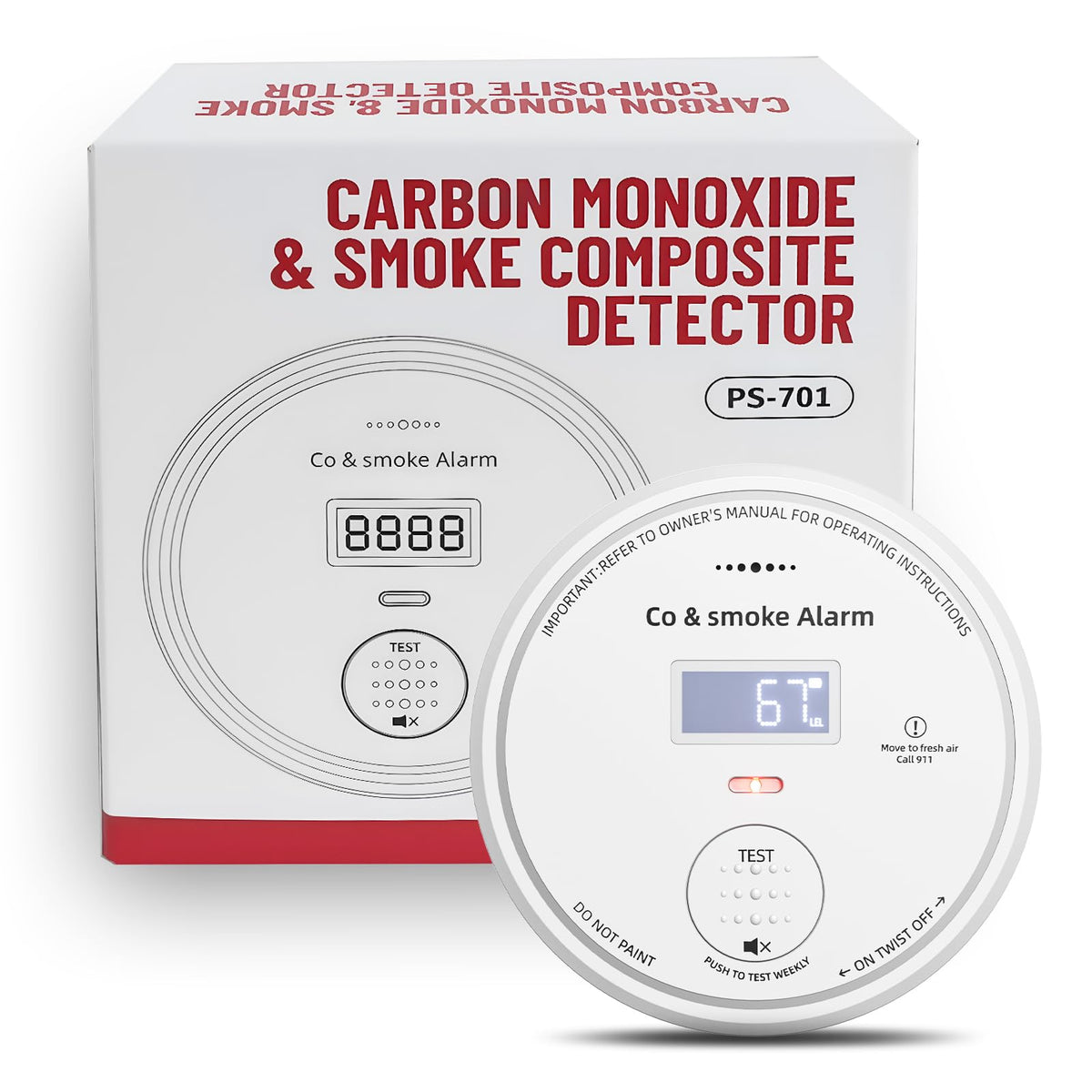 ABORNI 10-year detector with digital display showing real-time CO levels