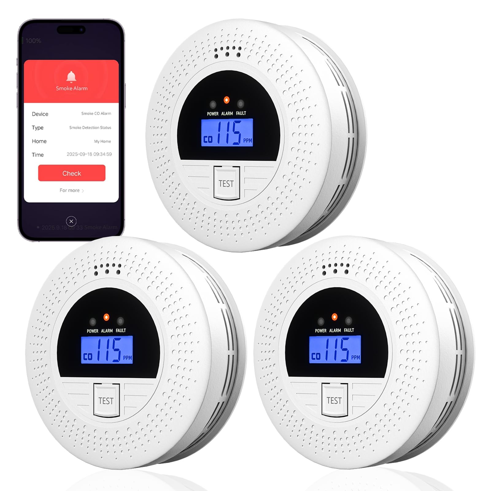 ABORNI WiFi smoke and CO detector pack front view with loud 85dB alarm for enhanced home safety