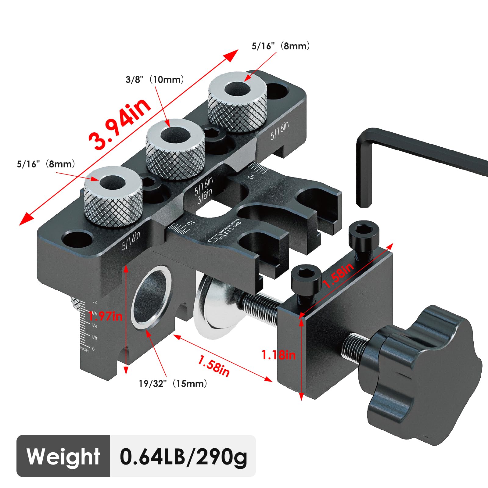 Aboutool 3in1 drill bits 8, 10, 15 mm mounted for versatile hole sizes.