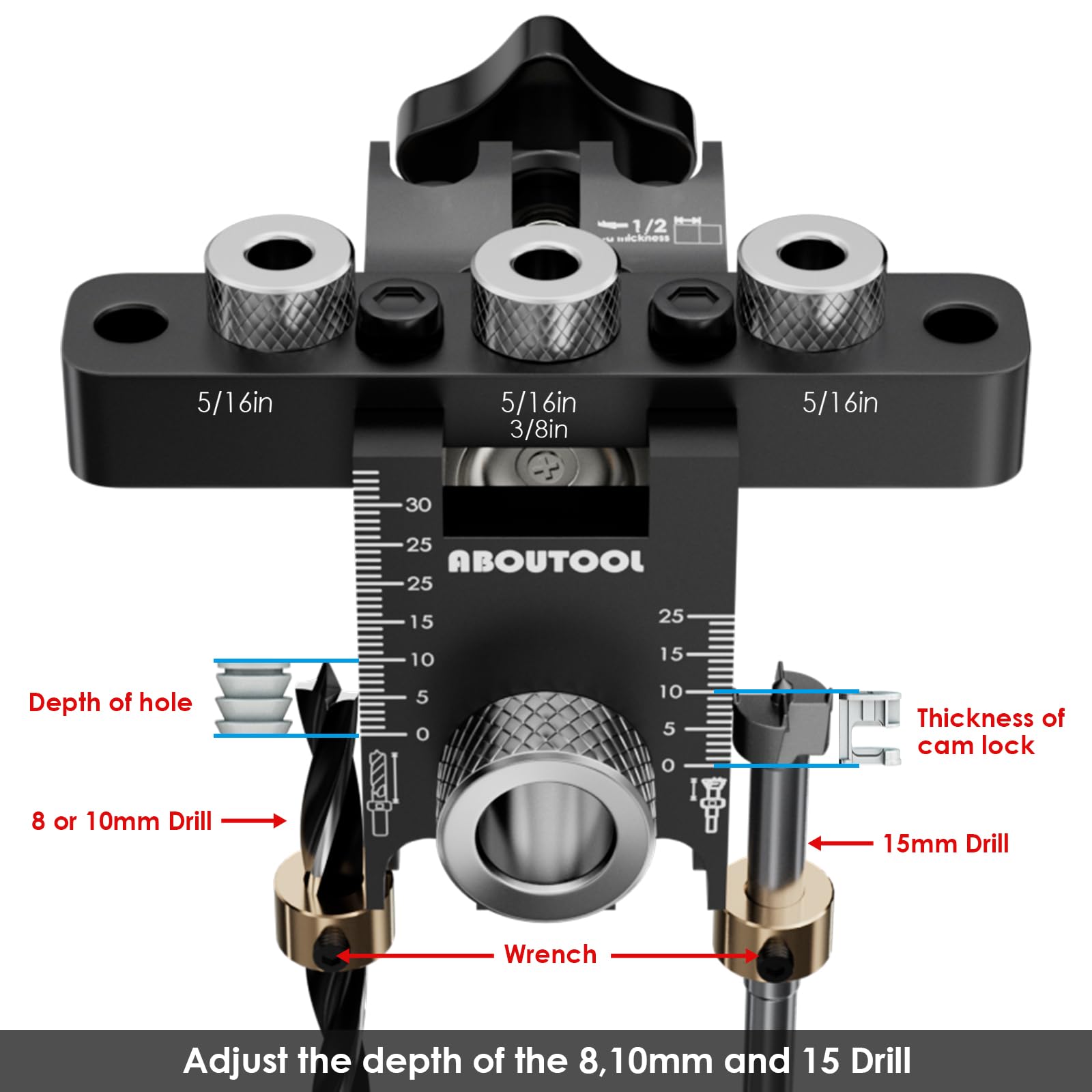 Aboutool adjustable drill locator with metal bushings ensuring alignment during drilling.