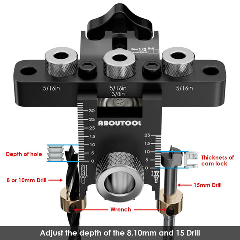 Aboutool adjustable drill locator with metal bushings ensuring alignment during drilling.
