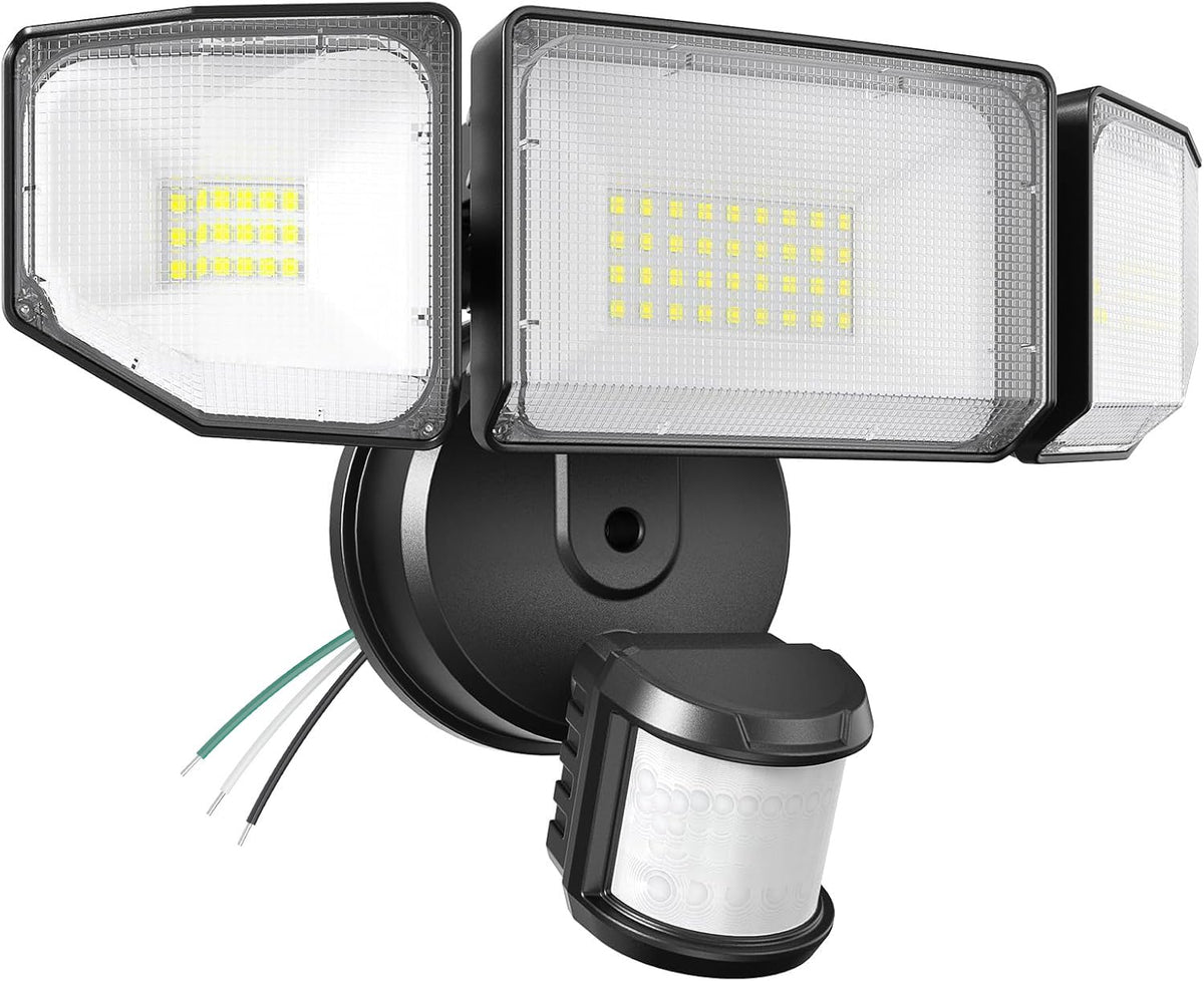 Abovizo 85W LED security light front view with three adjustable heads for broad outdoor coverage.