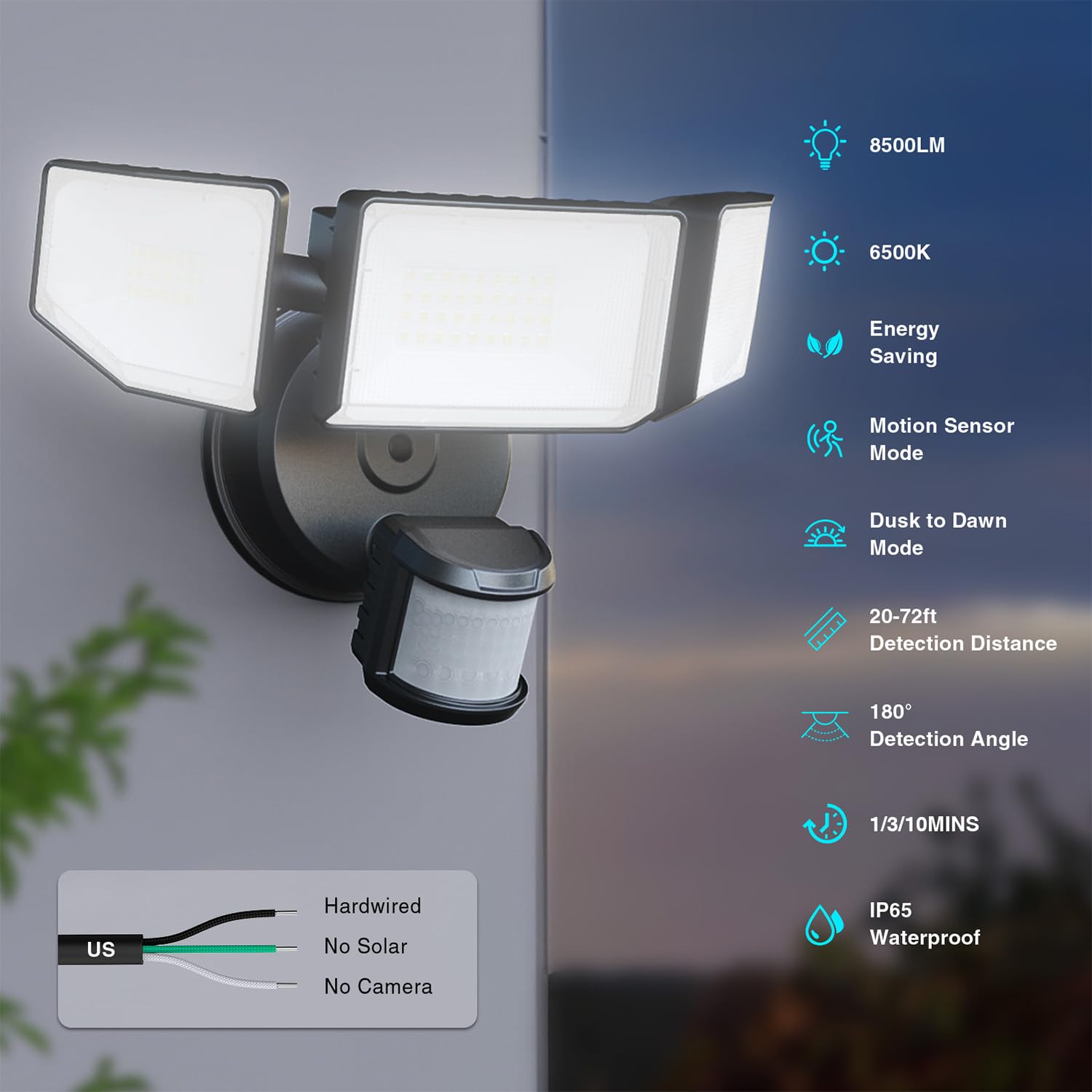 Abovizo motion sensor close-up showing 180° range up to 72 ft for responsive security.