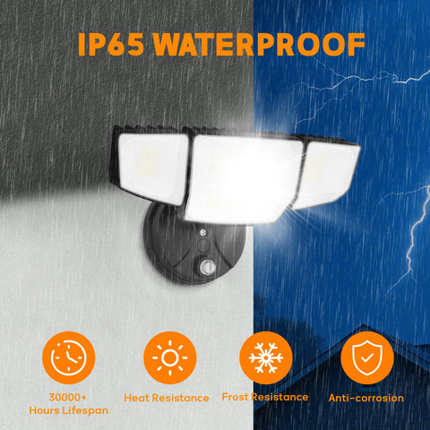 Abovizo 90W flood light mounted near garage boosts security and visibility.