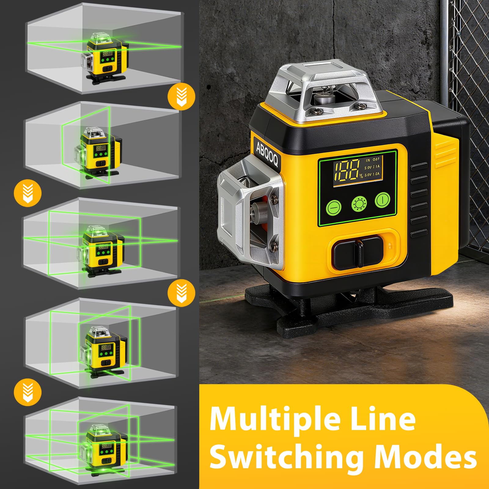 ABQOQ Laser Level 4x360 planes provides full coverage for walls, floors, and ceilings.