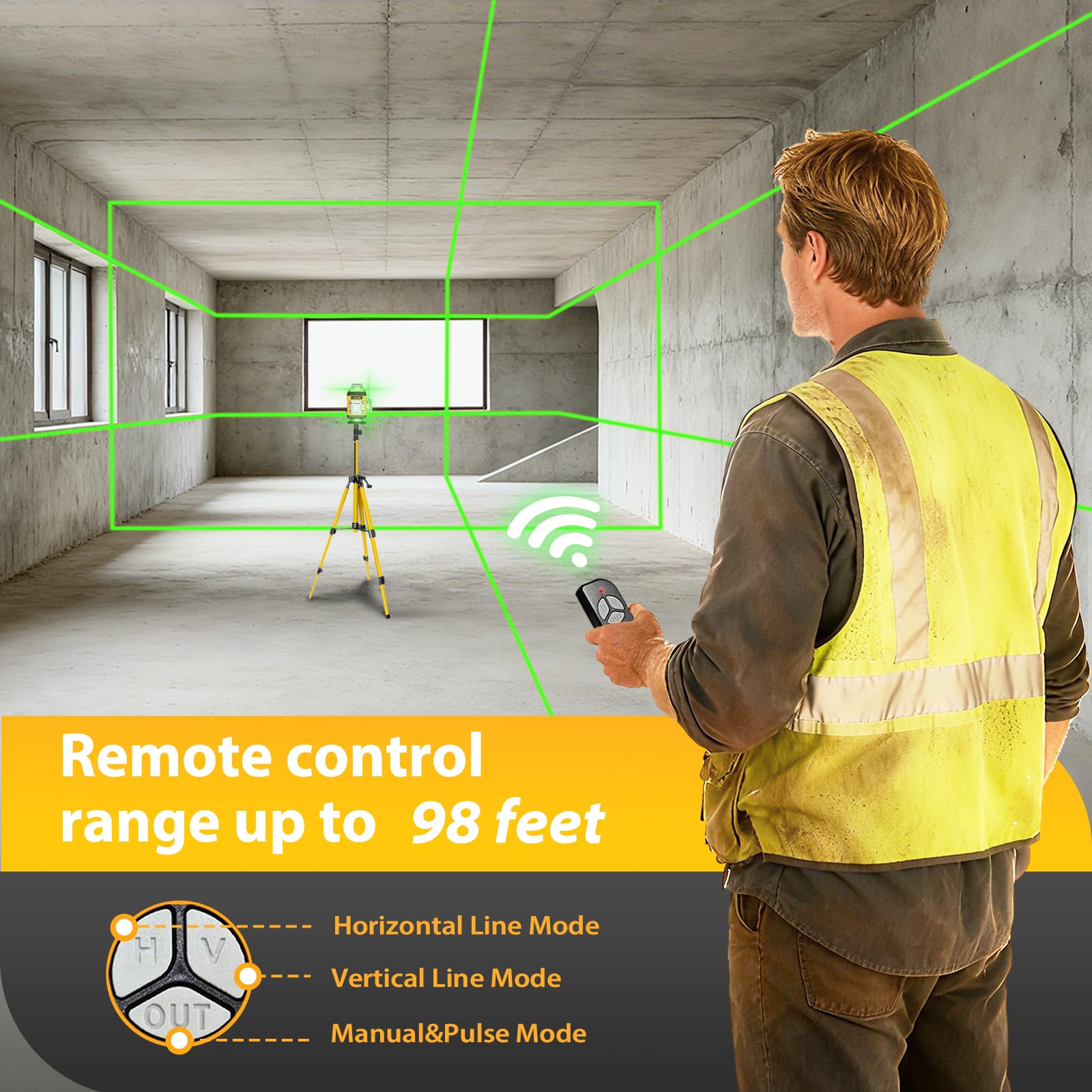 ABQOQ Laser Level green beam offers high visibility in bright environments.