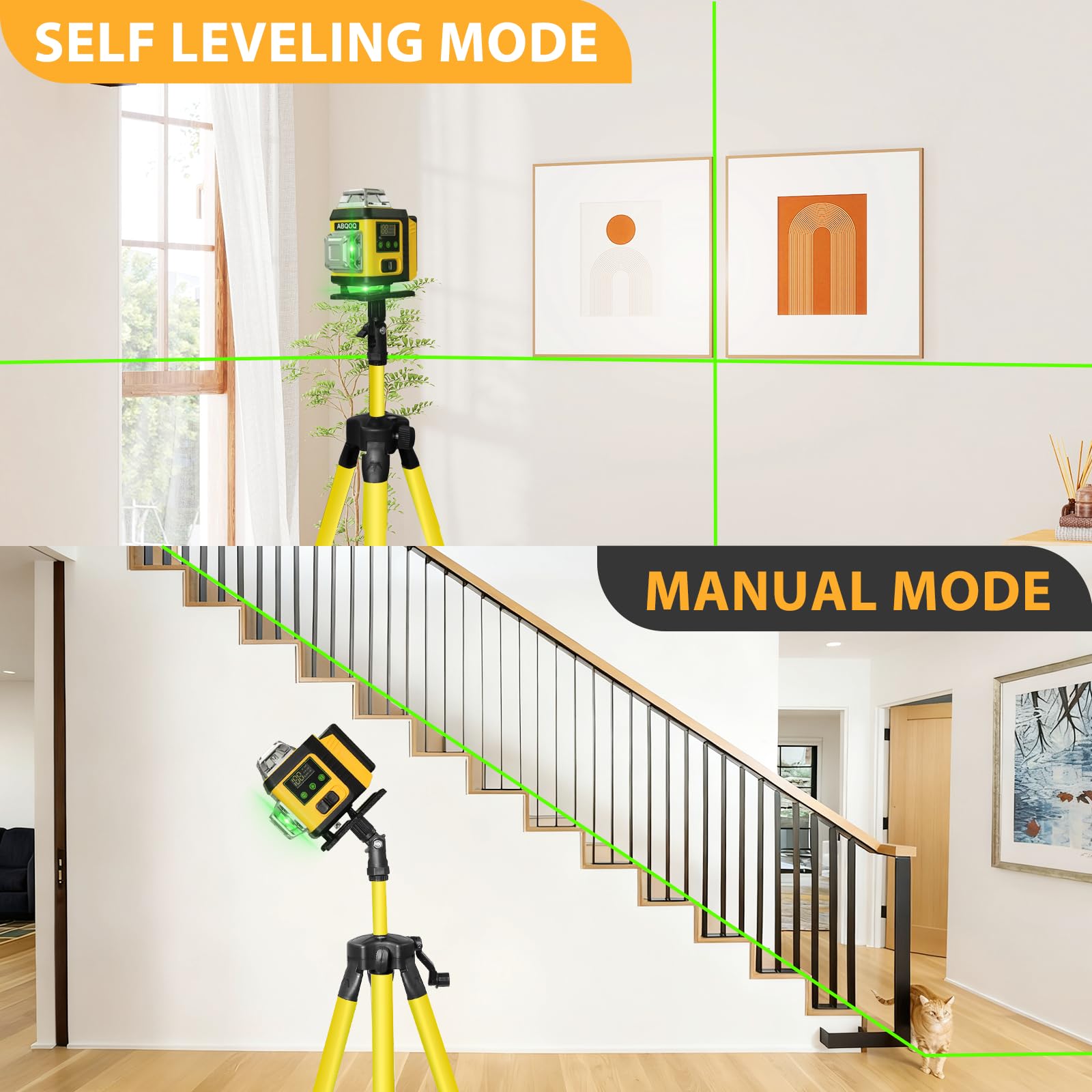 ABQOQ Laser Level pulse/manual mode locks lines for angled installations.