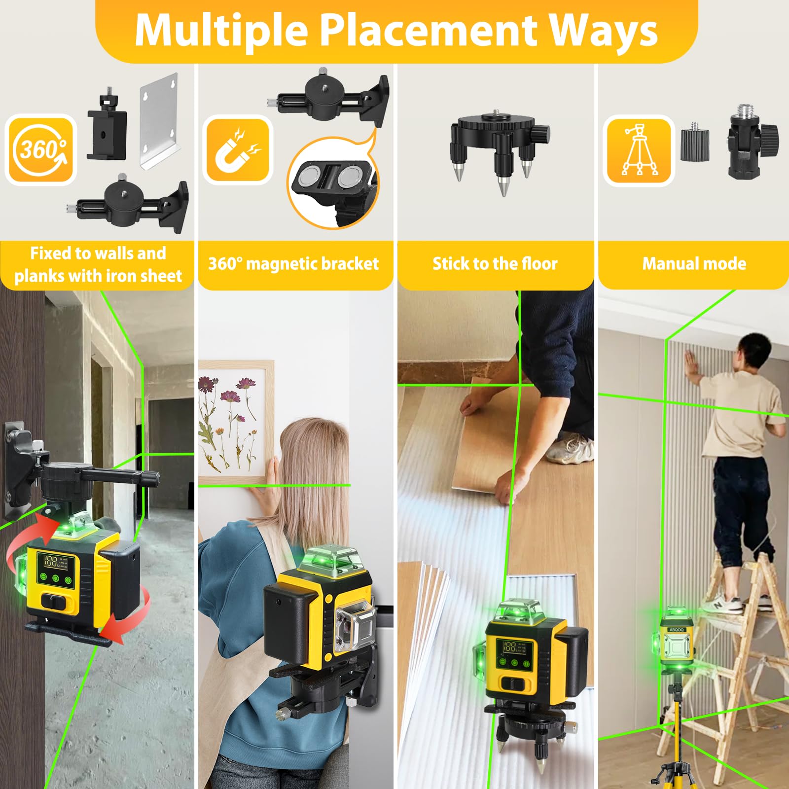 ABQOQ Laser Level tripod-mount enables stable setup on uneven surfaces.