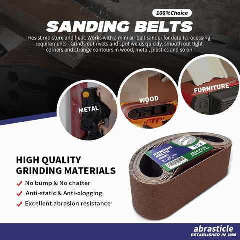 Abrasticle sanding belts in use on wood project illustrating polishing and finishing potential