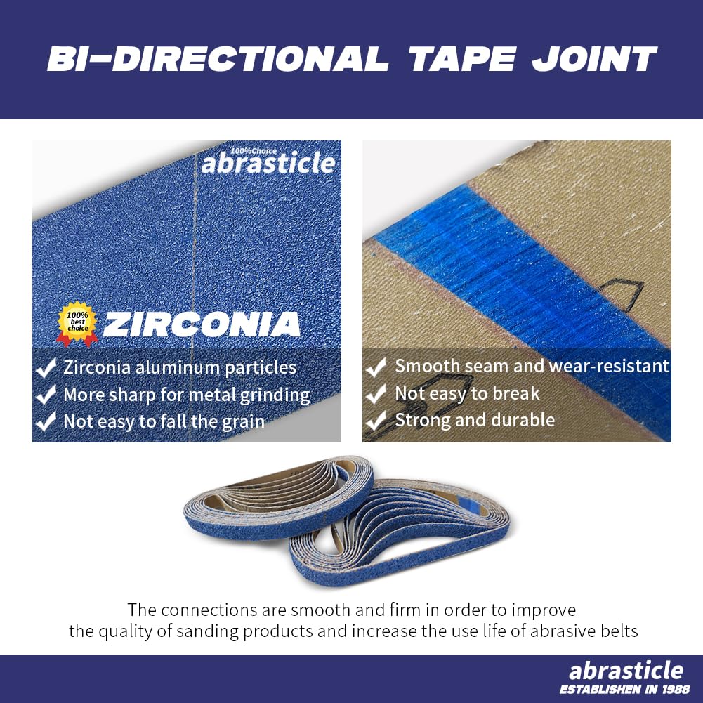 Abrasticle zirconia sanding belt with blue grain suitable for metal and wood finishing.