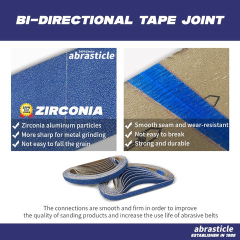 Abrasticle zirconia belt removing rust from tools with consistency.