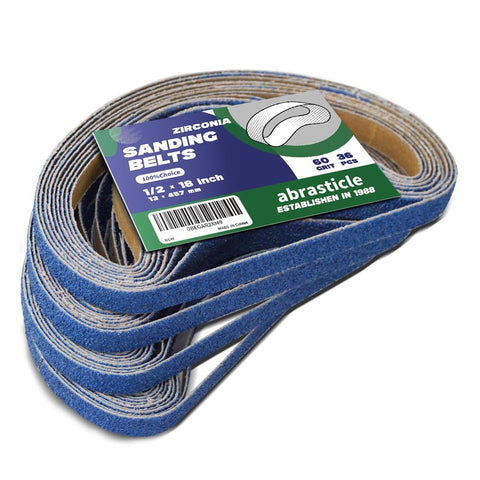Abrasticle zirconia sanding belt on a metal blade for a sharpened edge.