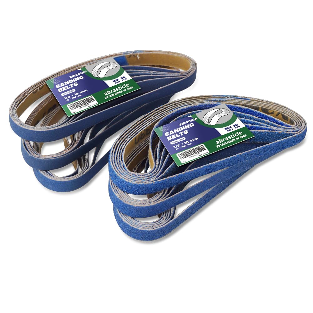 Abrasticle zirconia sanding belt with blue grain for efficient metal polishing.
