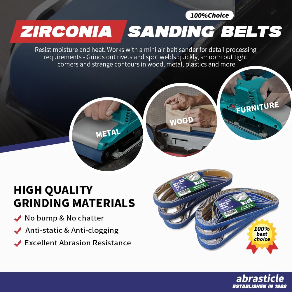 Abrasticle zirconia sanding belt pack showing multi-grit options for metal and wood sanding.