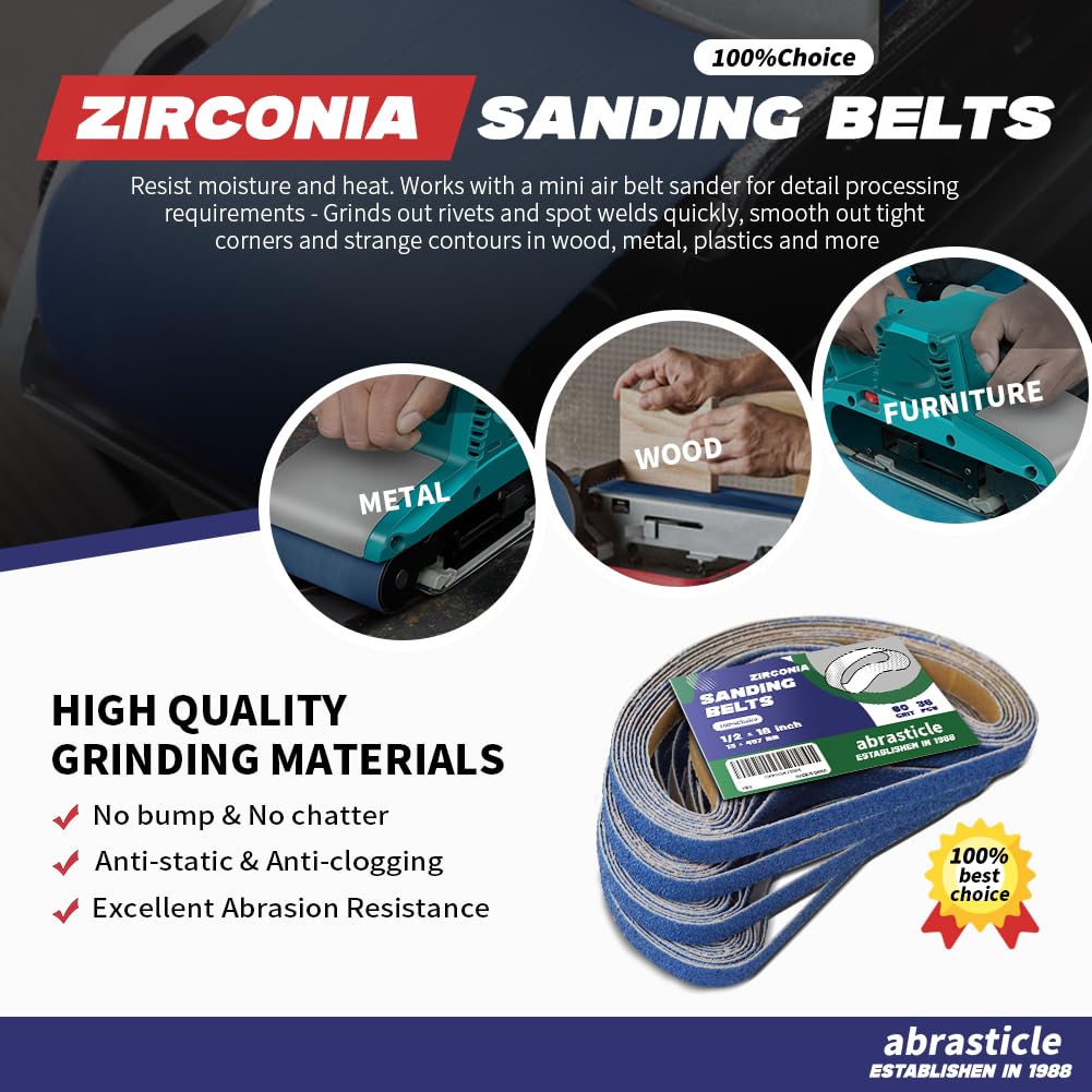 Abrasticle zirconia sanding belt with a smooth running joint in action.