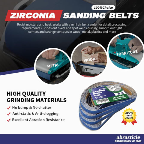 Abrasticle zirconia sanding belt with a smooth running joint in action.