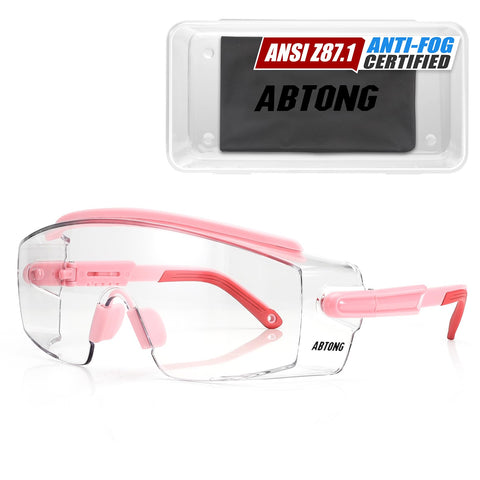 ABTONG clear safety glasses worn over eyeglasses for a comfortable lab setup.