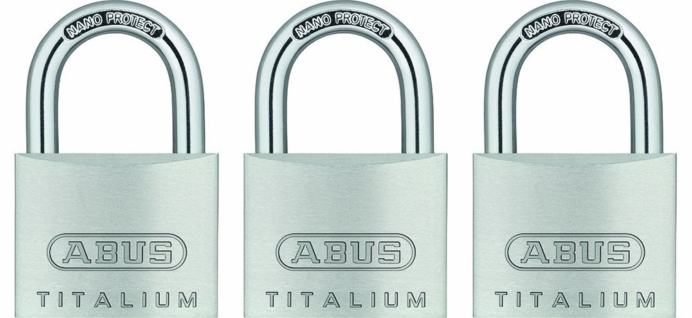 ABUS 64TI/40 padlock body shows lightweight high-security aluminum with stainless steel finish.