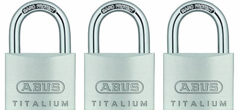 ABUS 64TI/40 padlock body shows lightweight high-security aluminum with stainless steel finish.