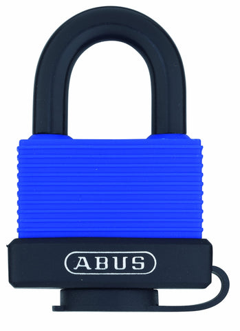 ABUS 70IB/45 brass padlock with blue cover protects against elements and scratches.