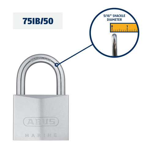 ABUS 75IB/50 KD padlock with stainless steel shackle for outdoor durability.