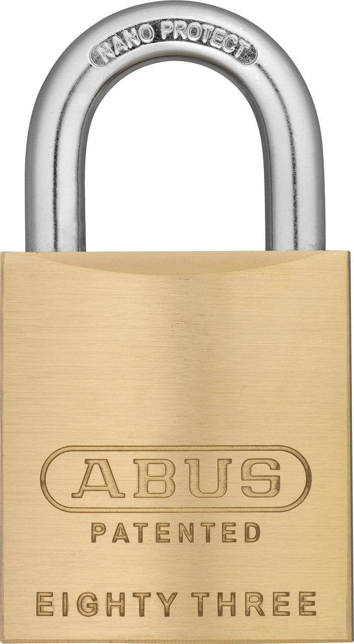 ABUS 83/45 brass padlock showing corrosion-resistant body for outdoor use.