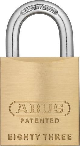 ABUS 83/45 brass padlock showing corrosion-resistant body for outdoor use.