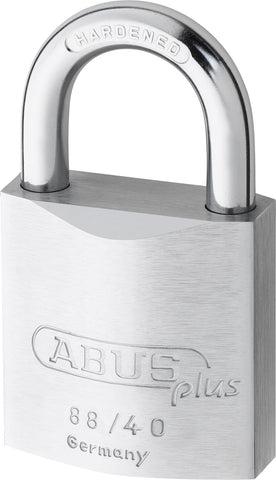 ABUS 88/40 padlock shackle close-up showing double-bolted tamper resistance.