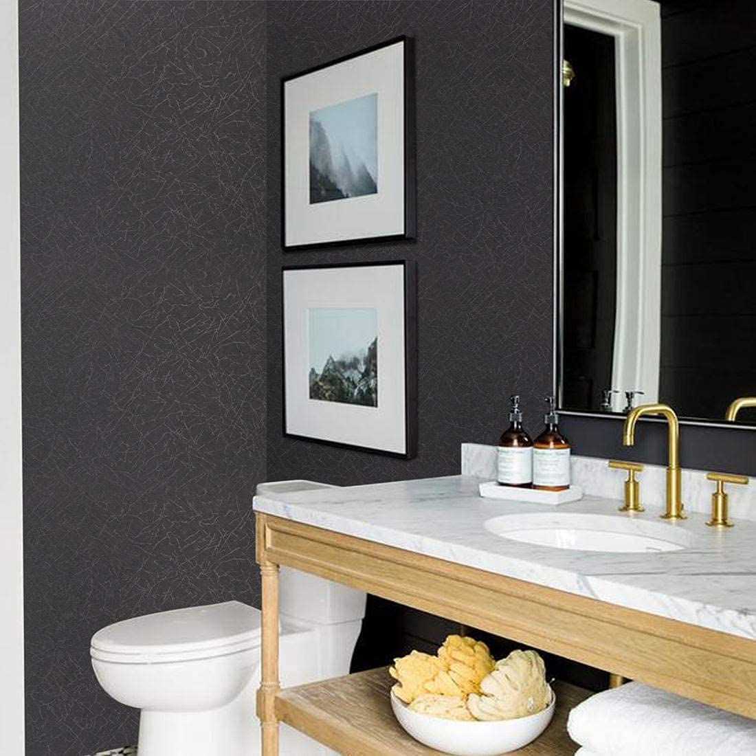 Abyssaly Black Silk Wallpaper being peeled and stuck for quick, mess-free application.