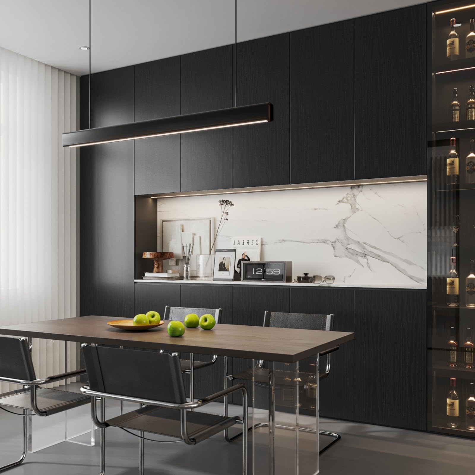 Abyssaly kitchen-counter upgrade using black wood wallpaper.