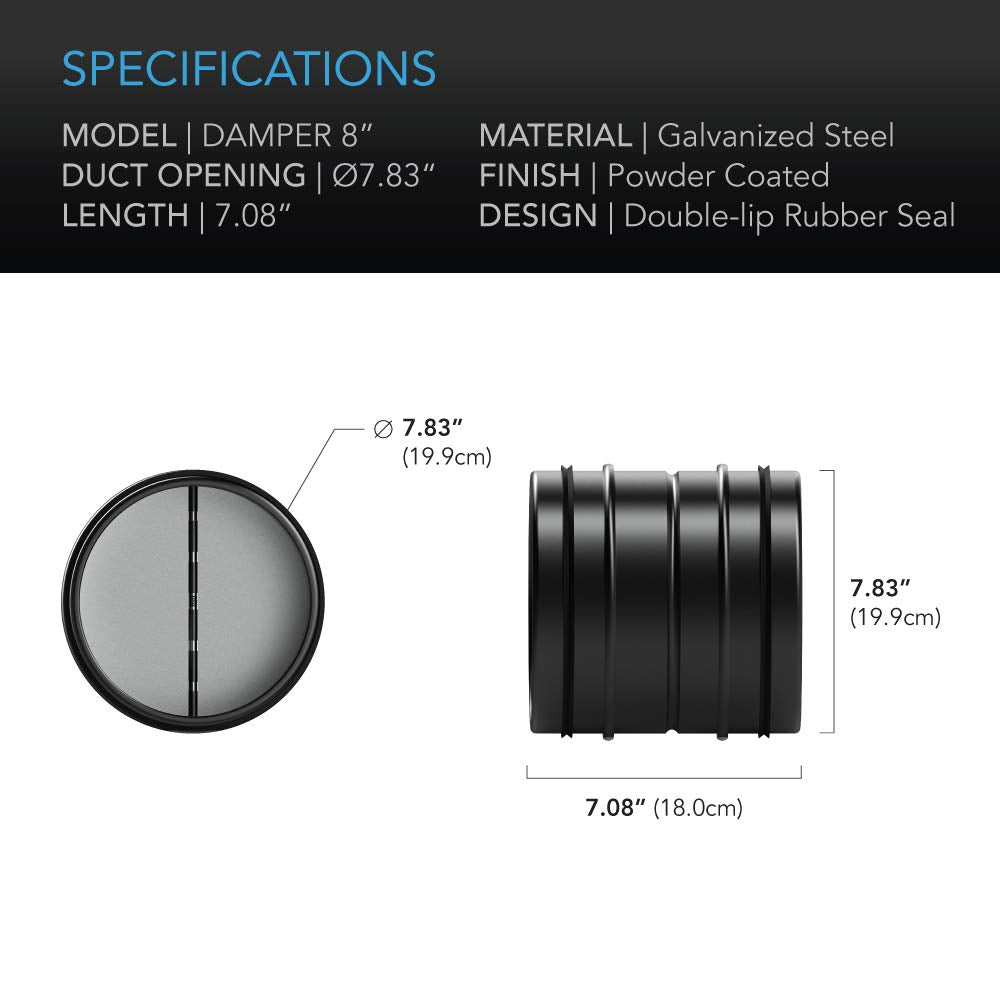 AC Infinity 8-inch backdraft damper in-duct connection features galvanized steel body.