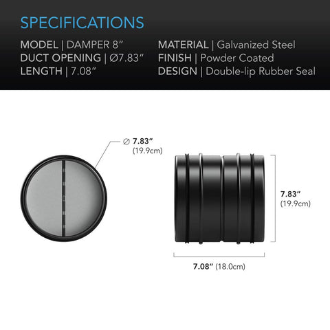 AC Infinity 8-inch backdraft damper in-duct connection features galvanized steel body.