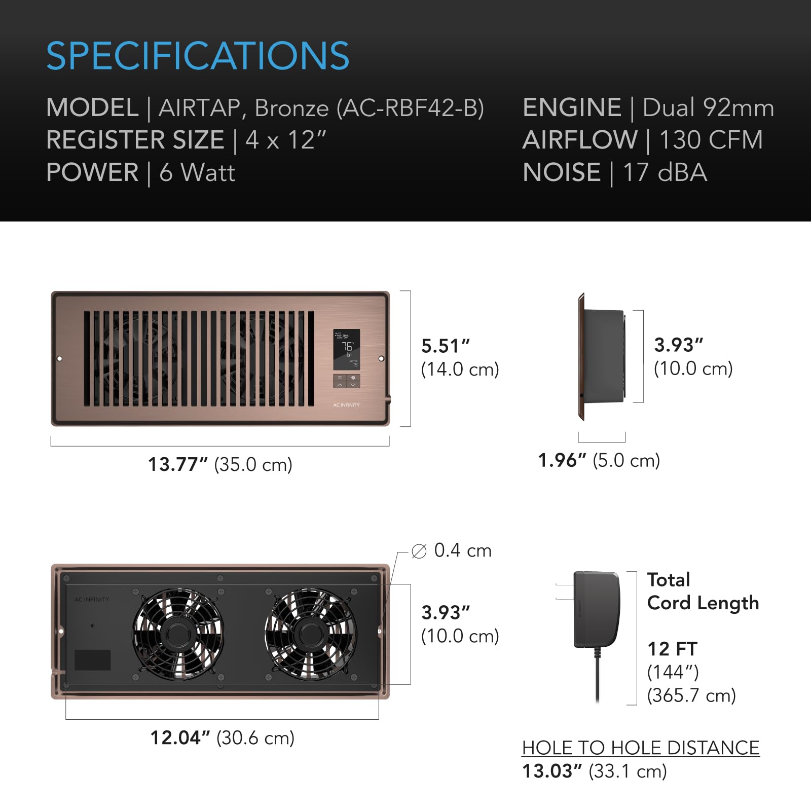AC Infinity AIRTAP T4 Bronze airflow illustration showing up to 130 CFM capacity.