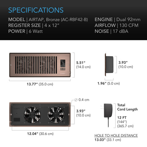 AC Infinity AIRTAP T4 Bronze airflow illustration showing up to 130 CFM capacity.