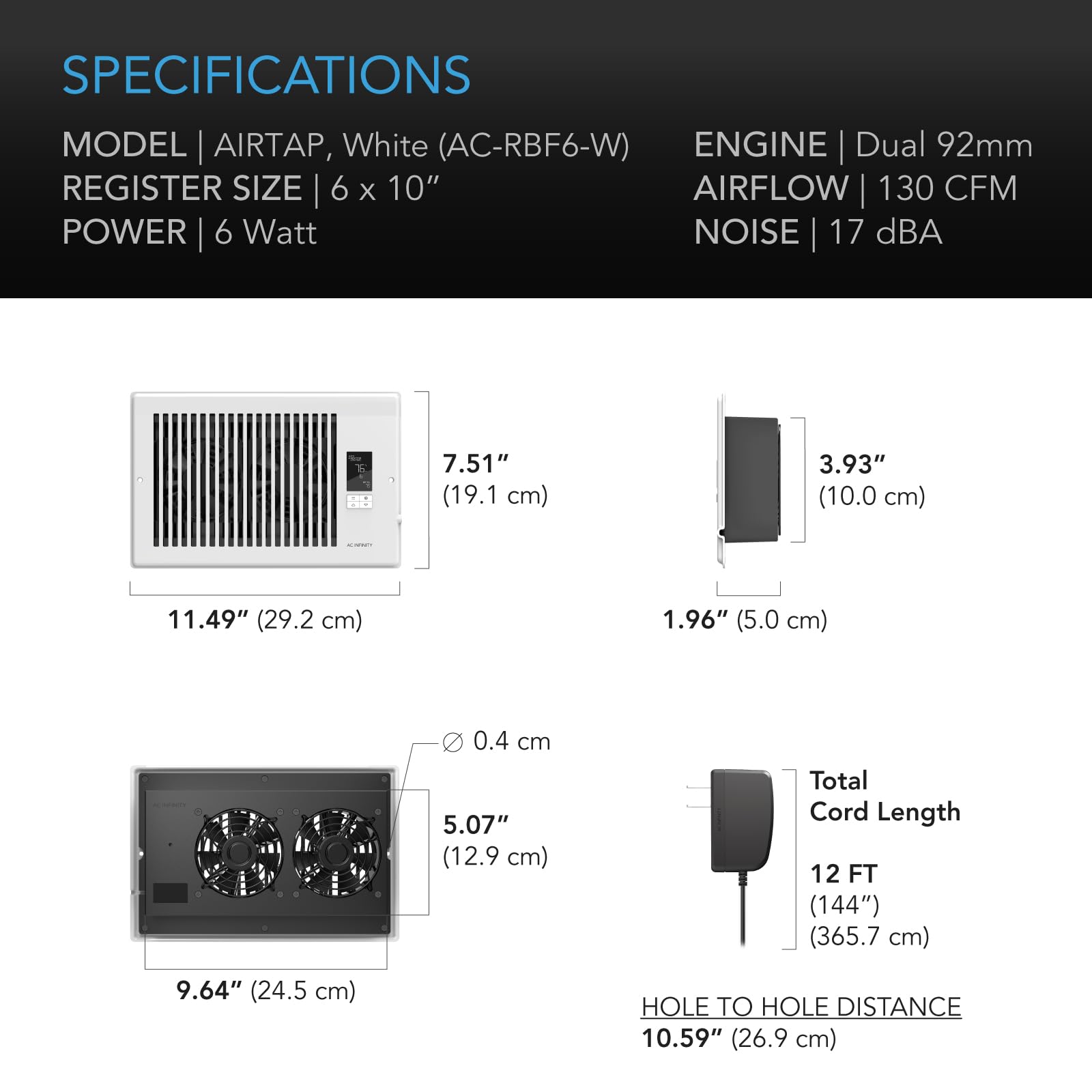AC Infinity Airtap T6 white Bluetooth app access for remote climate monitoring