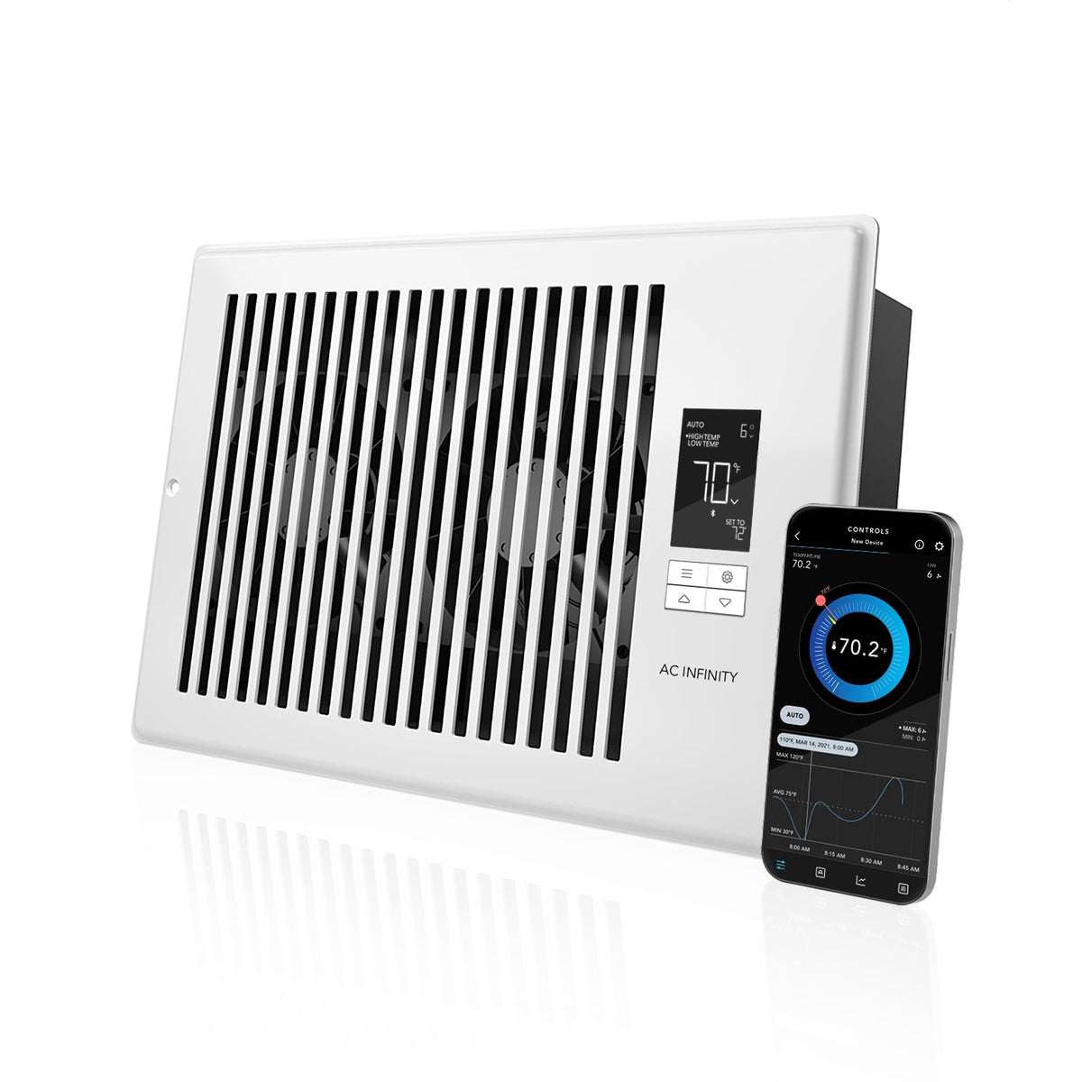 AC Infinity Airtap T6 white front panel showing a sleek flush design for improved airflow control